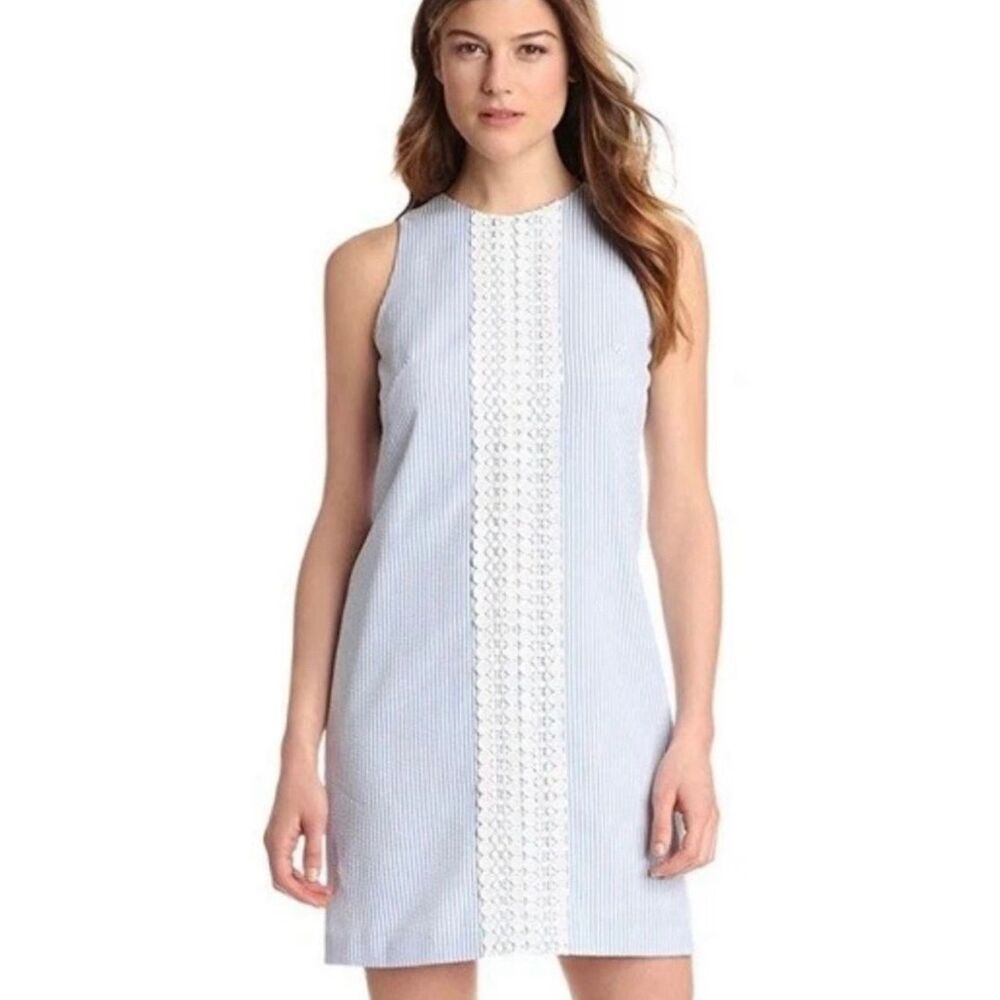 London Times Sz 8 Blue White Seersucker Lace Shift Dress Sleeveless Sheath - Picture 3 of 11